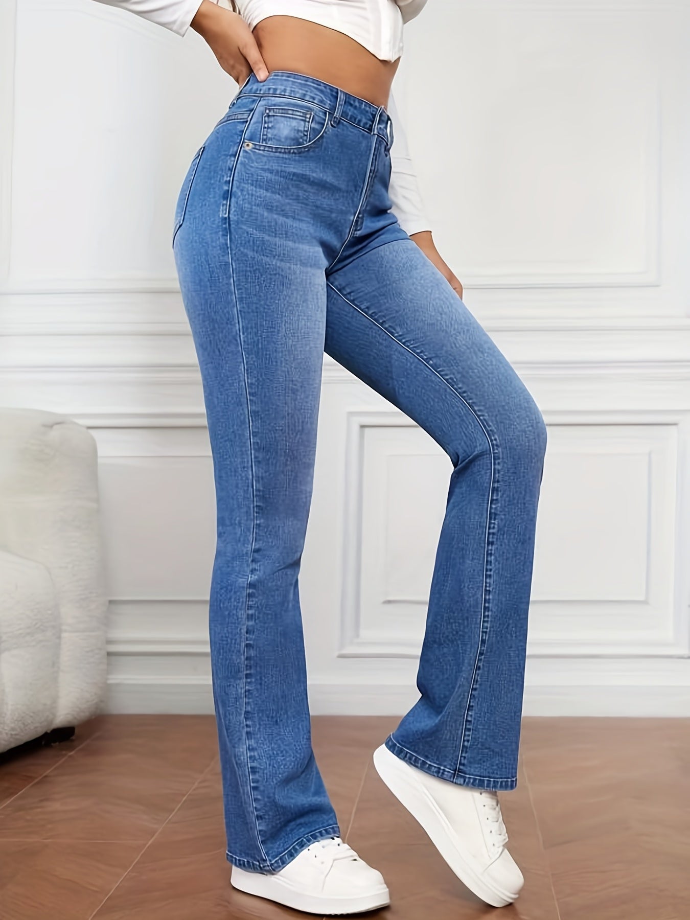 「lovevop」Blue Mid Waist Flared Jeans, Bell Bottom Slash Pockets High-Stretch Denim Pants, Women's Denim Jeans & Clothing