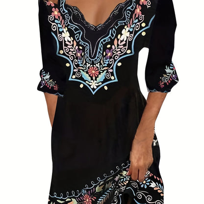 「lovevop」Ethnic Print Off Shoulder Dress, Boho V Neck Half Sleeve Cami Dress, Women's Clothing