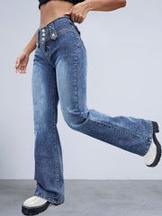 「lovevop」Blue High Waist Flared Jeans, Bell Bottom High Rise Wide Legs High-Stretch Denim Pants, Women's Denim Jeans & Clothing