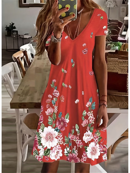 「lovevop」Floral Print Short Sleeve Dress, V Neck Casual Dress For Summer & Spring, Women's Clothing