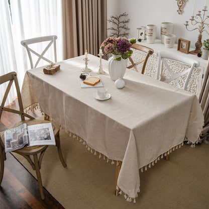 Linen Farmhouse Tablecloth - Beige Fringed Dust-Resistant Cover with Elegant Western Style - Perfect for Buffet, Holiday Dinner, Party, Banquet, Kitchen, Restaurant, and Wedding Rectangular Tables