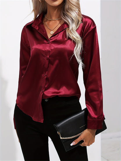 「lovevop」Solid Smoothly Shirt, Elegant Button Front Turn Down Collar Long Sleeve Shirt, Women's Clothing