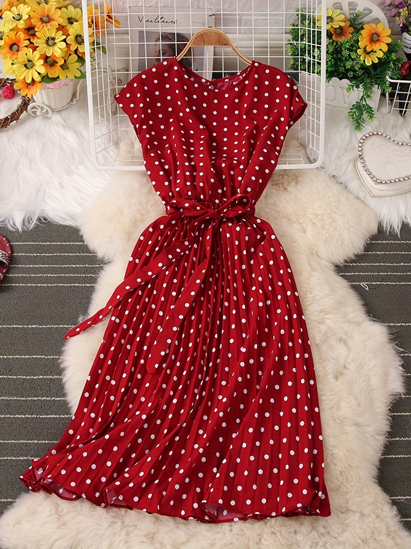 「lovevop」Polka Dot Pleated Dress, Short Sleeve Casual Dress For Spring & Summer, Women's Clothing