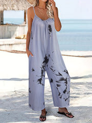「lovevop」Boho Loose Tie Dye Cami Jumpsuit, Casual Wide Leg V-neck Romper Overalls, Casual Every Day Outfits, Women's Clothing