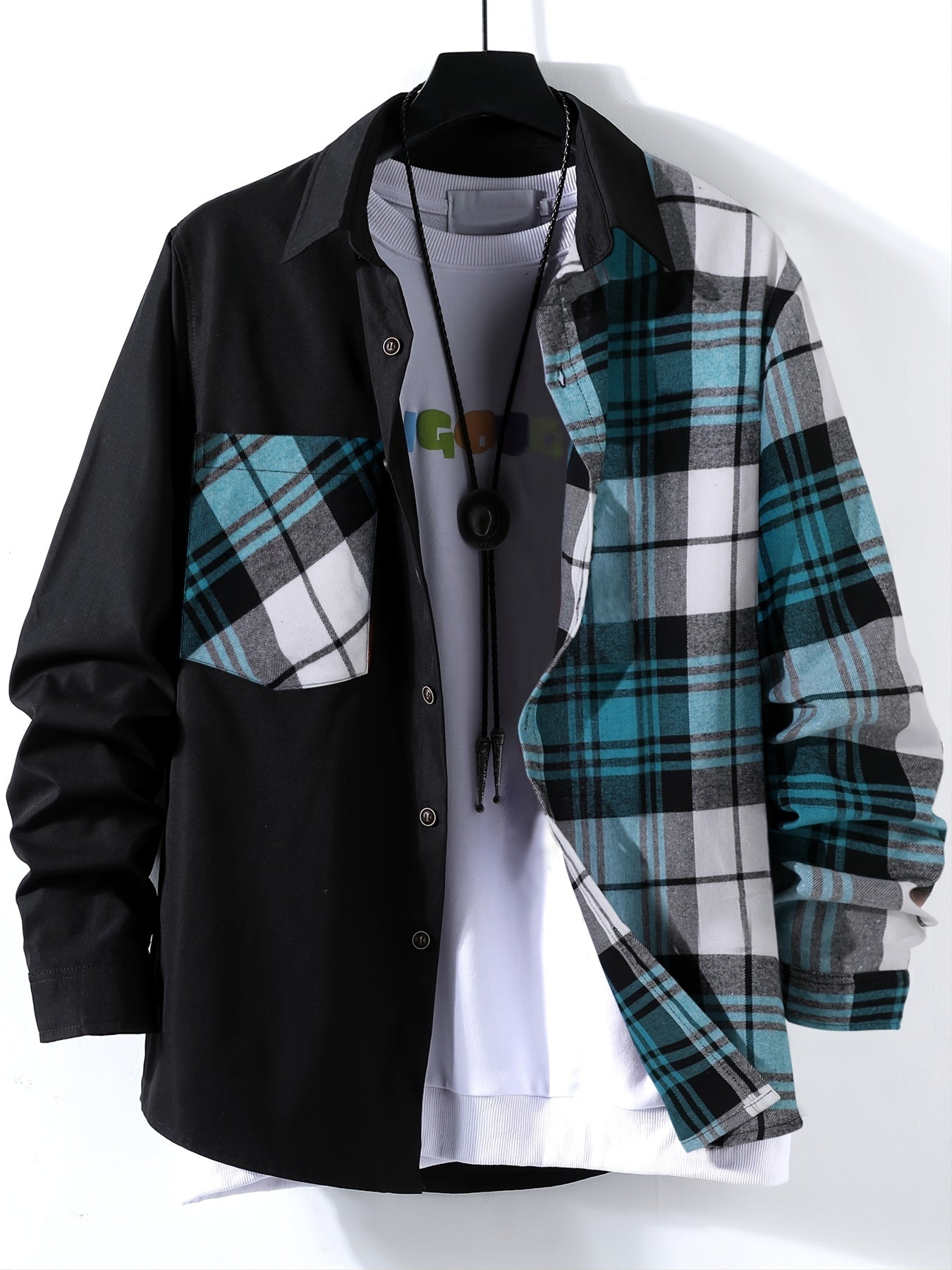 「lovevop」Stylish Collage Chest Pocket Plaid Pattern Casual Long Sleeve Button Up Shirt, Men's Clothes For Spring Summer Fall Outdoor