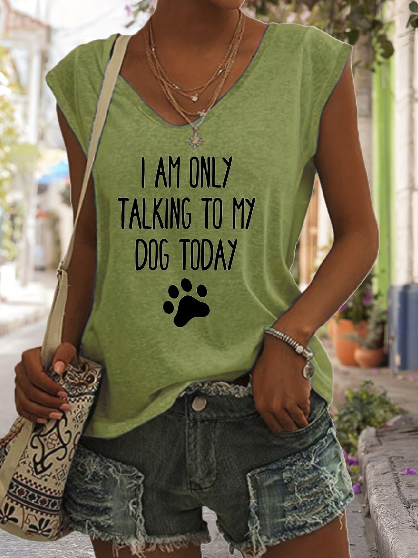 「lovevop」Only Talk To My Dog Print Tank Top, Sleeveless Casual Top For Spring & Summer, Women's Clothing