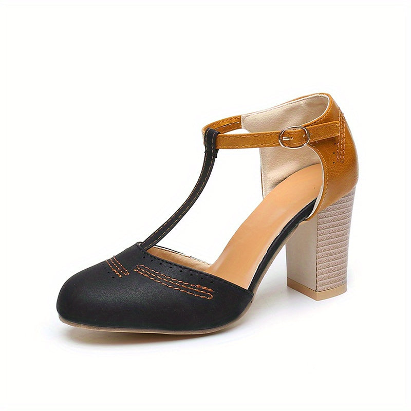 Vibrant Color Block Retro High Heel Shoes - Adjustable T-strap, Classic Round Toe, Sturdy Block Heels - Perfect for Oktoberfest, Dressing Up or Everyday Wear