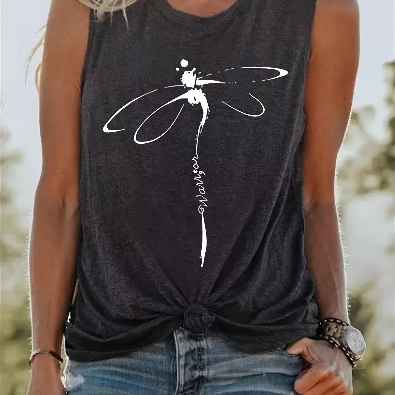 「lovevop」Dragonfly Print Tank Top, Casual Crew Neck Sleeveless Summer Tank Top, Women's Clothing