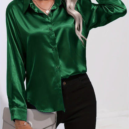 「lovevop」Solid Smoothly Shirt, Elegant Button Front Turn Down Collar Long Sleeve Shirt, Women's Clothing