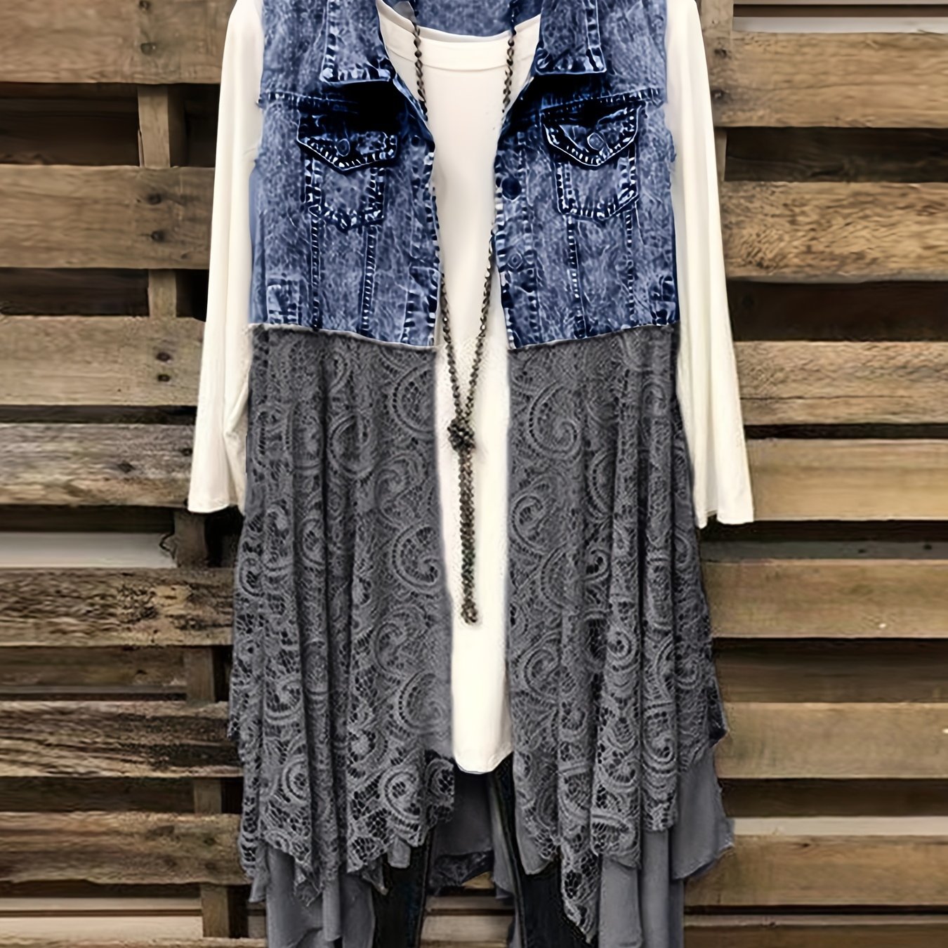 Lovevop-Lace High Low Trim Denim Vest Dress, Flap Pockets Raw Hem Lady Distressed Vest Dress, Women's Denim & Clothing