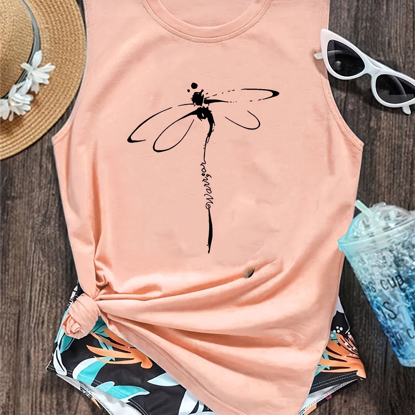 「lovevop」Dragonfly Print Tank Top, Casual Crew Neck Sleeveless Summer Tank Top, Women's Clothing