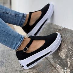 「lovevop」Women's Buckle Strap Platform Rocker Shoes, Solid Color Non-slip Cut-out Walking Shoes, Casual T-strap Shoes