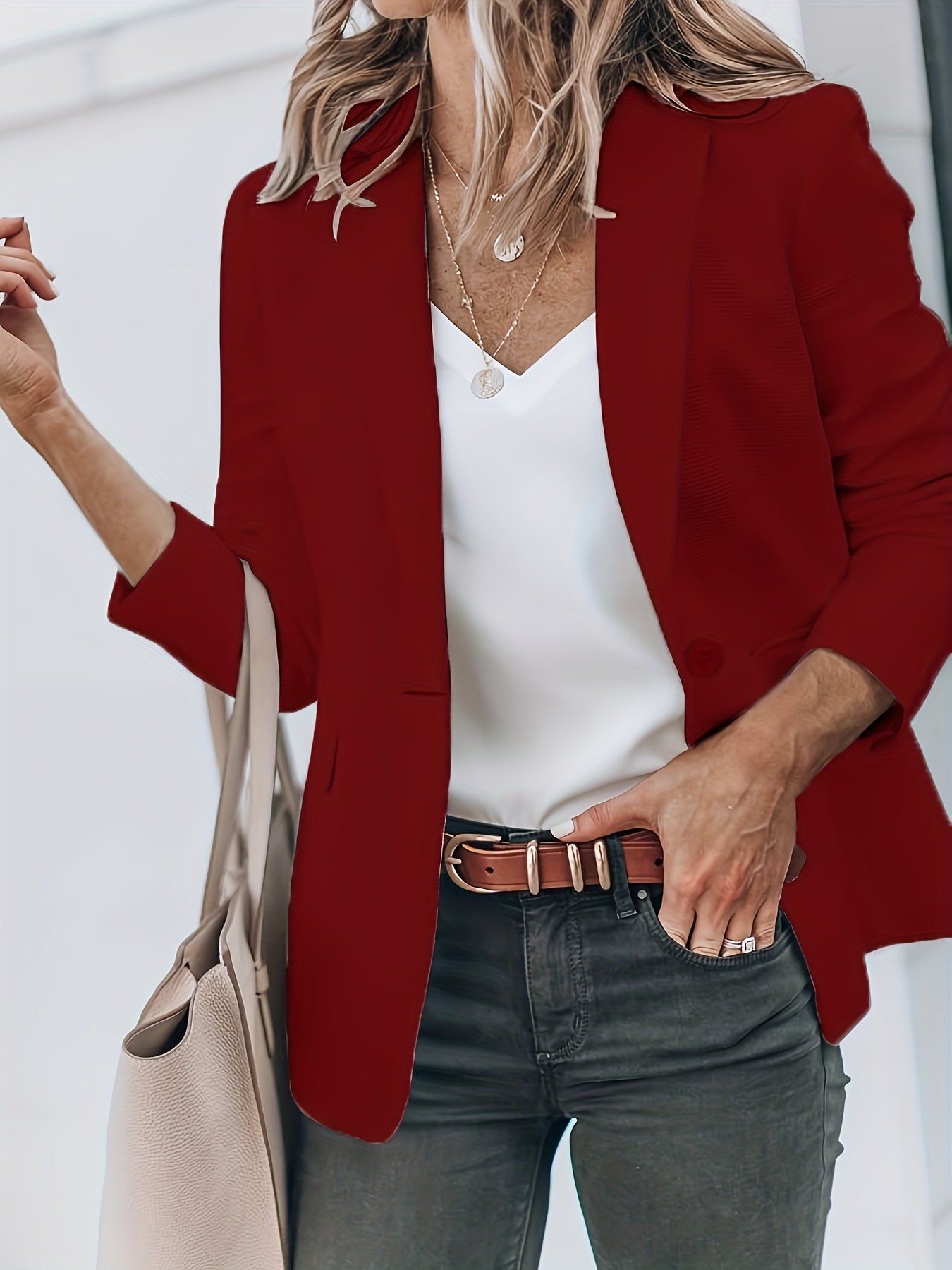「lovevop」Solid Lapel Blazer Jacket, Casual Long Sleeve Work Office Outerwear With Pockets, Women's Clothing