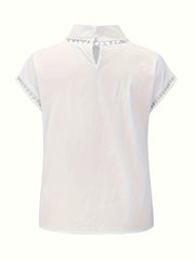 「lovevop」Solid Cut Out Blouse, Casual Stand Collar Short Sleeve Simple Blouse, Women's Clothing