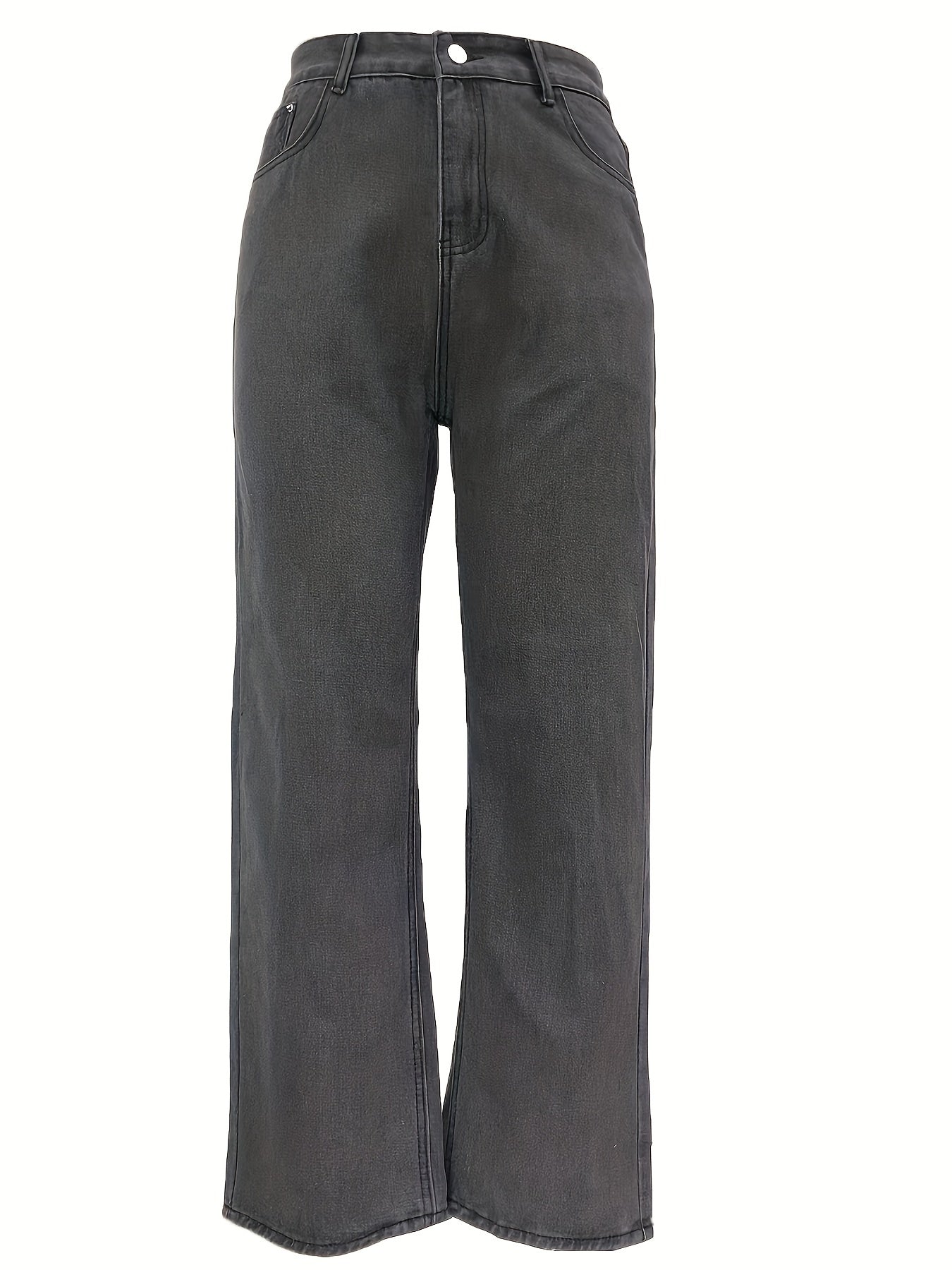 「lovevop」Solid Loose Fit Straight Jeans, Non-Stretch Slash Pockets Baggy Denim Pants, Women's Denim Jeans & Clothing