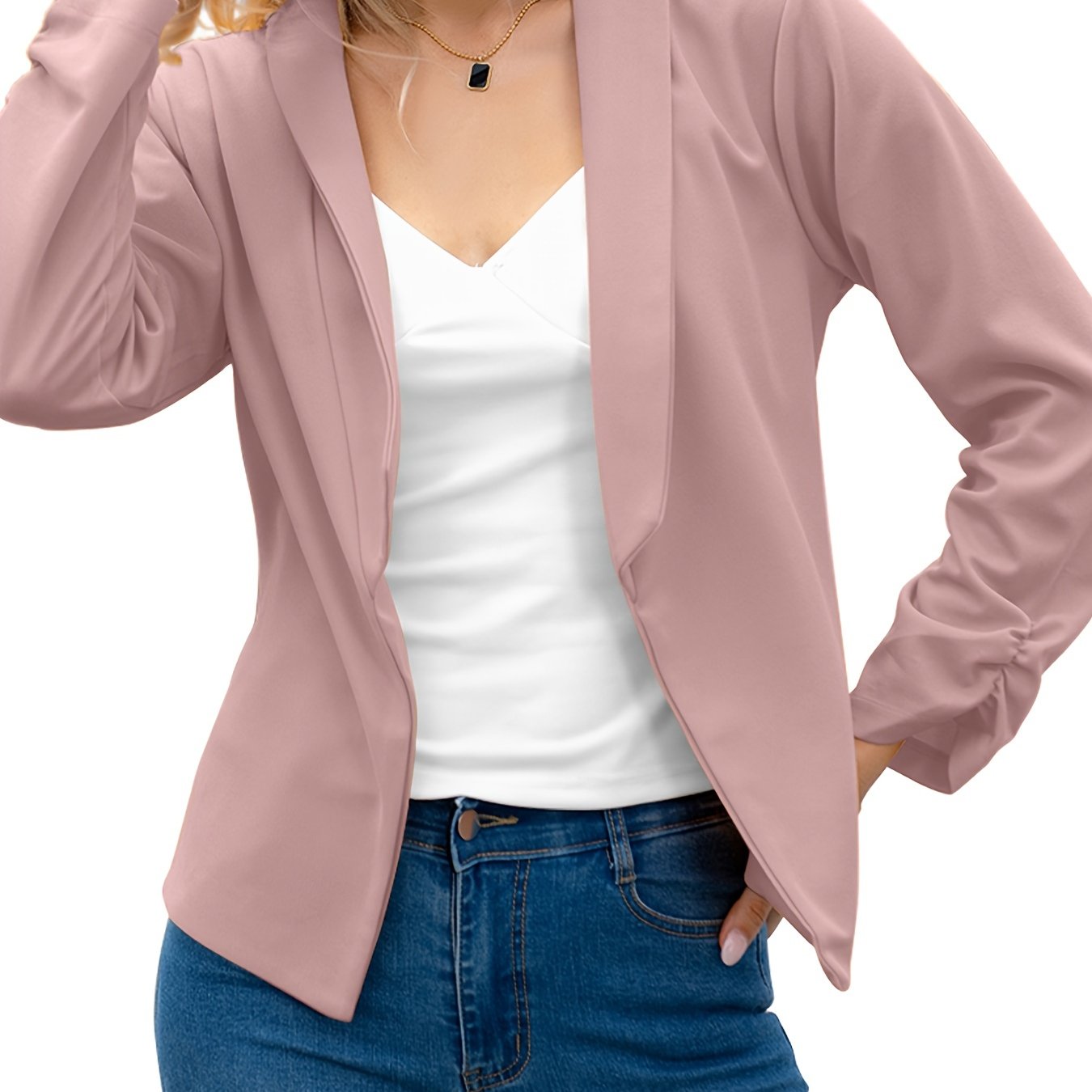 「lovevop」Elegant Solid Long Sleeve Blazer, Open Front Lapel Blazer, Elegant & Stylish Tops For Office & Work, Women's Clothing