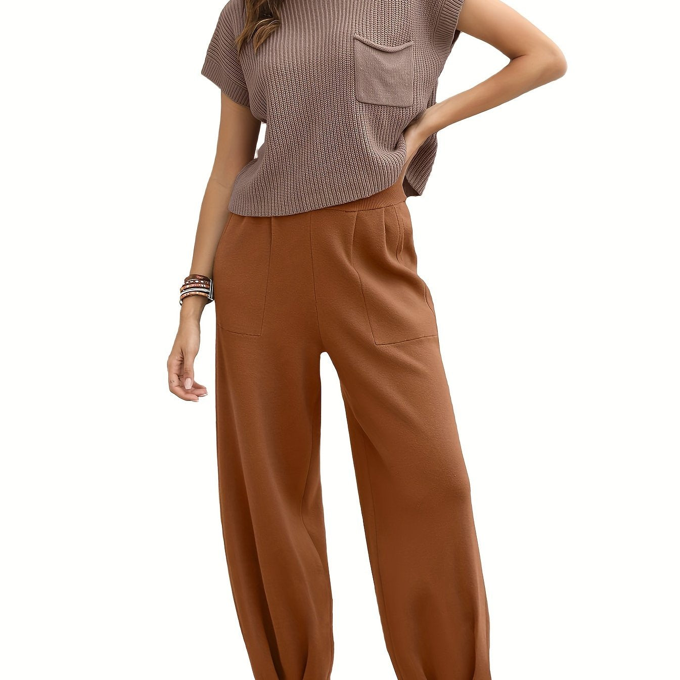 Two-Piece Jogger Pants Set - Soft, Elegant, Short Sleeve Pocket Knit Top & Loose Fit Pants Outfit - Comfortable, Versatile, and Chic Women's Clothing for Everyday Wear