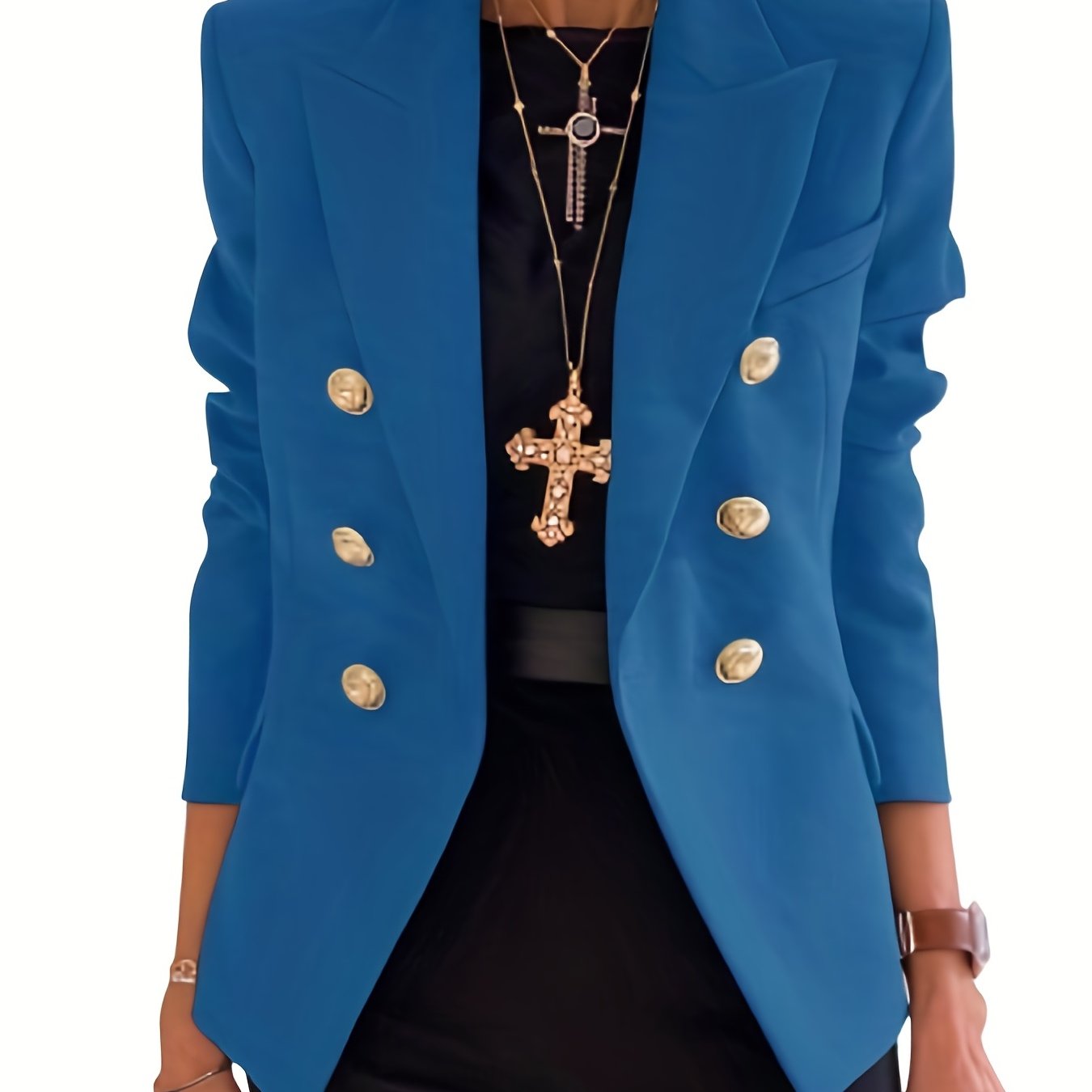 「lovevop」Lapel Double Breasted Blazer, Elegant Long Sleeve Solid Open Front Work Office Outerwear, Women's Clothing