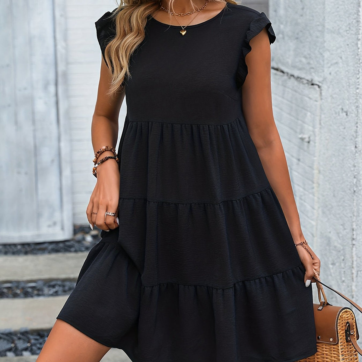 「lovevop」Versatile Ruffle Sleeve Dress, Casual Crew Neck Ruched Dress For Spring & Summer, Women's Clothing