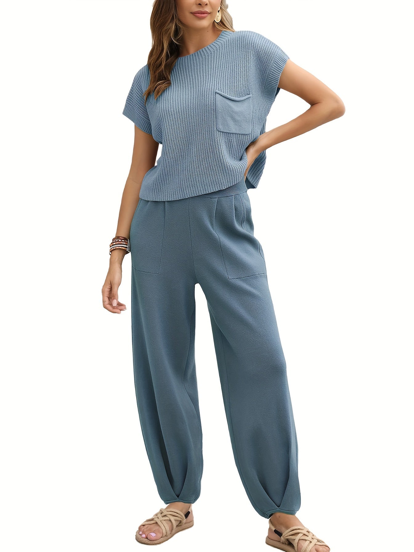 Two-Piece Jogger Pants Set - Soft, Elegant, Short Sleeve Pocket Knit Top & Loose Fit Pants Outfit - Comfortable, Versatile, and Chic Women's Clothing for Everyday Wear