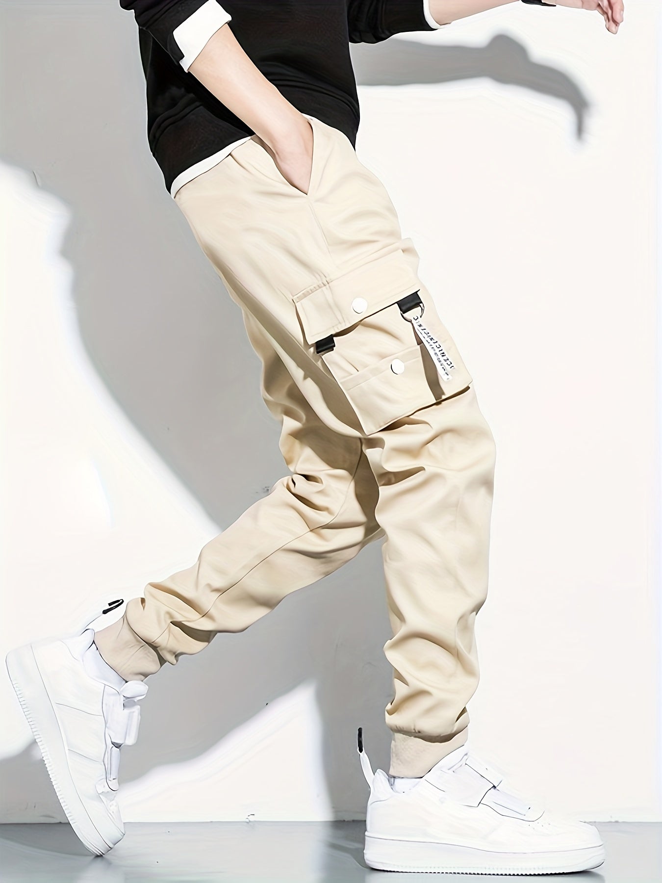 「lovevop」Classic Design Multi Pocket Cargo Pants, Men's Casual Loose Fit Drawstring Solid Color Cargo Pants/Joggers For Spring Summer Outdoor