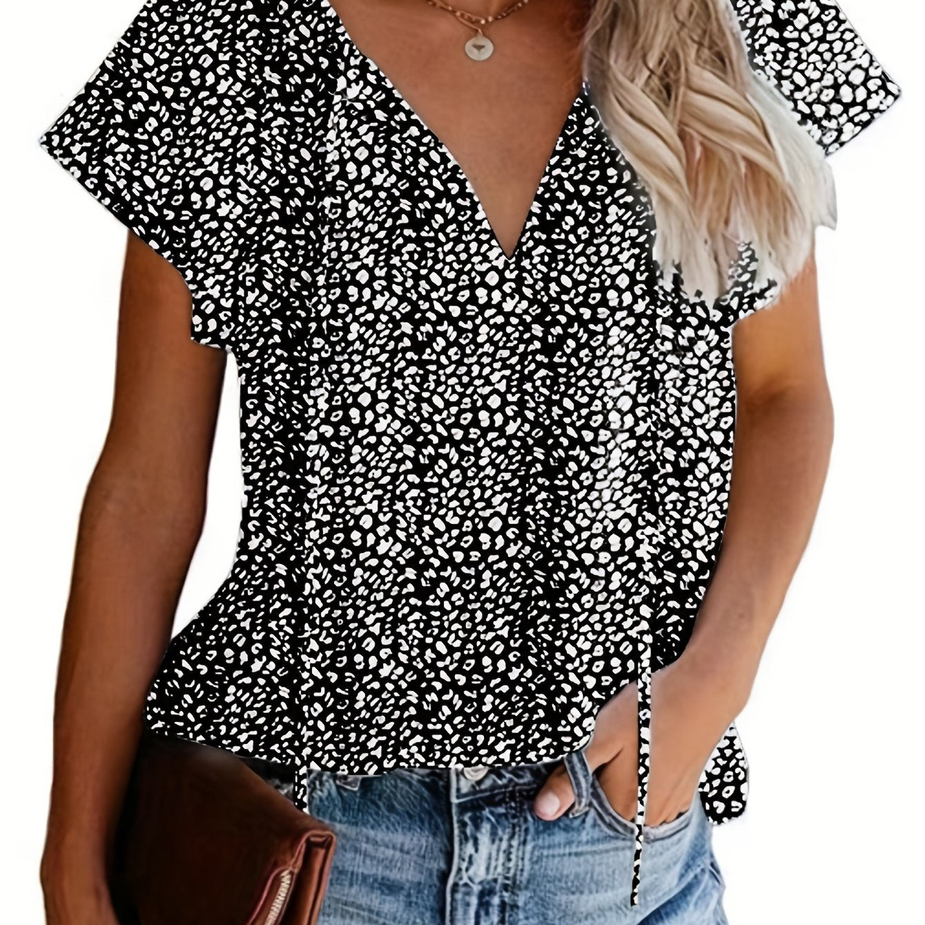 「lovevop」V Neck Flutter Sleeve Blouse, Loose Casual Top For Summer & Spring, Women's Clothing