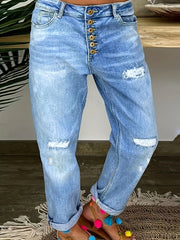 「lovevop」Blue Ripped Holes Straight Jeans, Distressed Single-Breasted Button Loose Fit Denim Pants, Women's Denim Jeans & Clothing