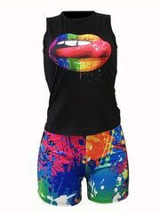 2 Pcs Chic Tie Dye Outfit Set - High Elasticity Crew Neck Sleeveless Tank Top & Abstract Print Shorts for Spring/Summer - Polyester Knit Fabric, Sexy Style, Random Printing, and Comfortable Wear