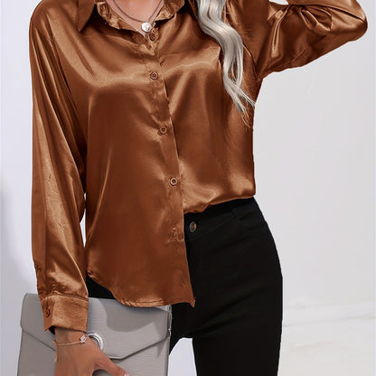 「lovevop」Solid Smoothly Shirt, Elegant Button Front Turn Down Collar Long Sleeve Shirt, Women's Clothing