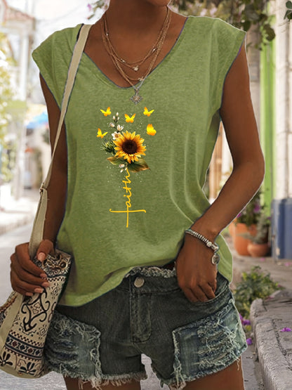 「lovevop」Sunflower Print Tank Top, Sleeveless Casual Top For Spring & Summer, Women's Clothing