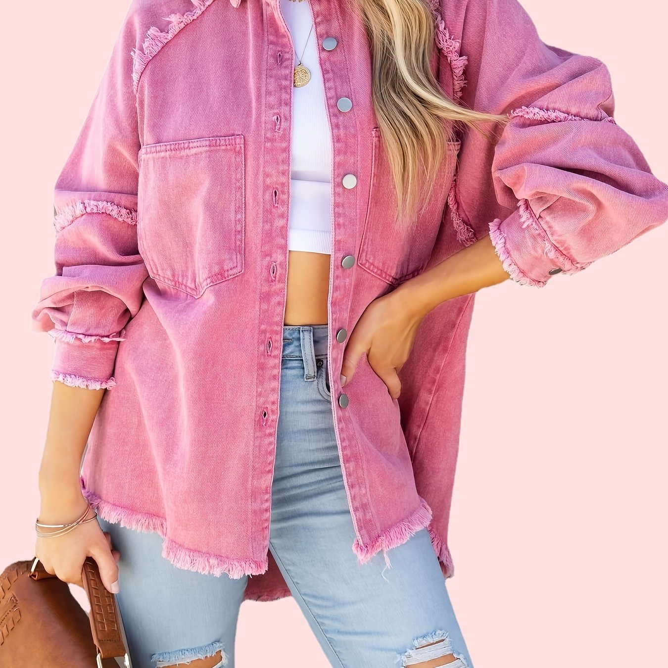 Lovevop-Pink Raw Hem Ripped Denim Jackets, Oversized Distressed Long Sleeve Frayed Fringe Denim Coats, Women's Denim Jackets & Clothing