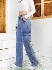「lovevop」Side Cargo Pockets Exposed Seam Loose Jeans, Slash Pocket Peacock Blue Casual Stylish Denim Pants, Women's Denim Jeans & Clothing