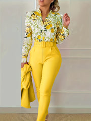 Two-Piece Elegant Outfit Set - Floral Print V-Neck Long Sleeve Blouse with Micro Elasticity and Solid Belted Tapered Pants - Polyester Knit Fabric, Random Printing, All Seasons, No Sheer