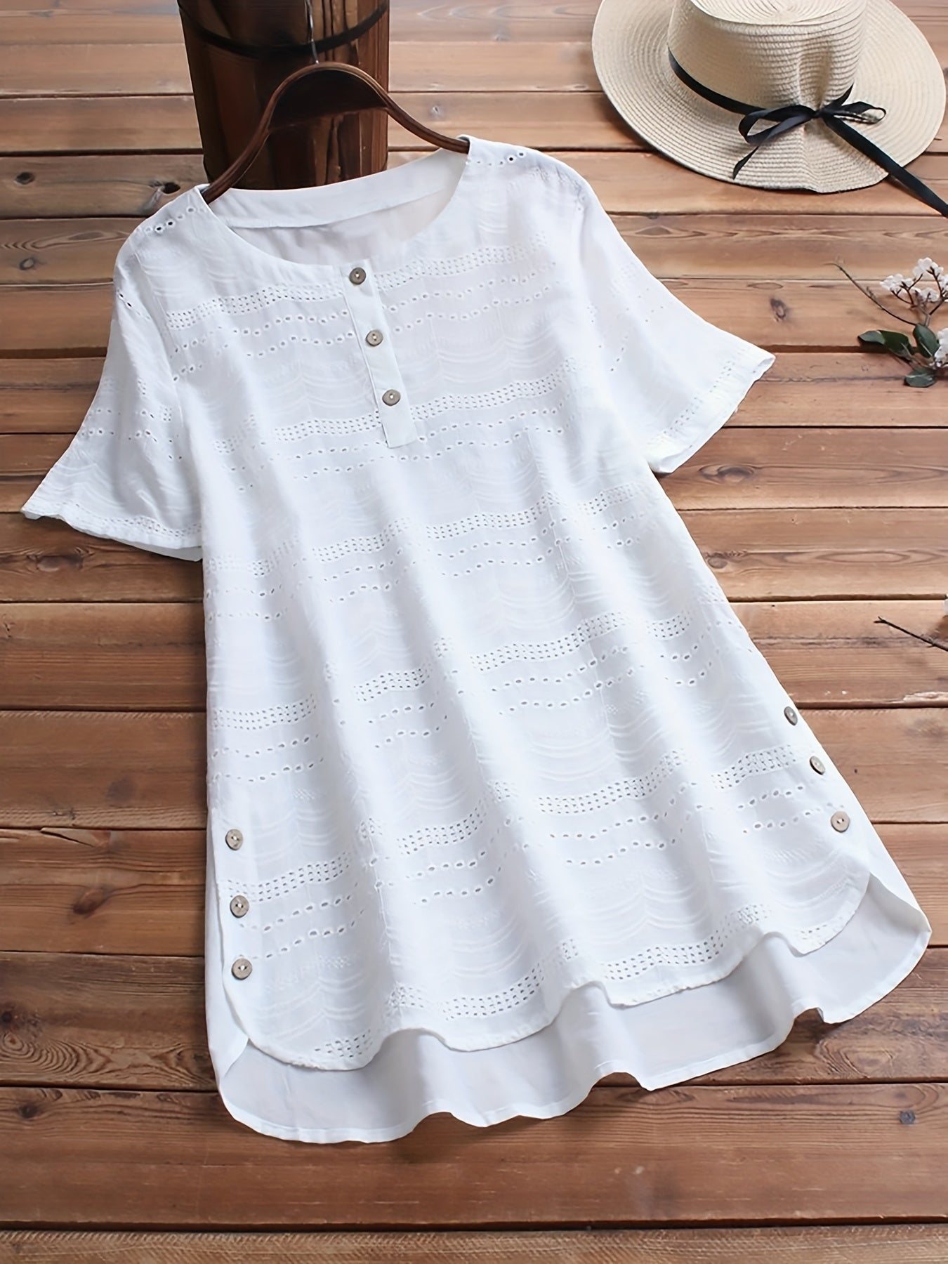 「lovevop」Eyelet Embroidered Button Decor Blouse, Casual Short Sleeve Blouse For Spring & Summer, Women's Clothing