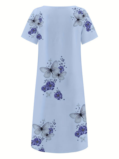 「lovevop」Floral & Butterfly Print V Neck Dress, Casual Button Front Short Sleeve Dress For Spring & Summer, Women's Clothing