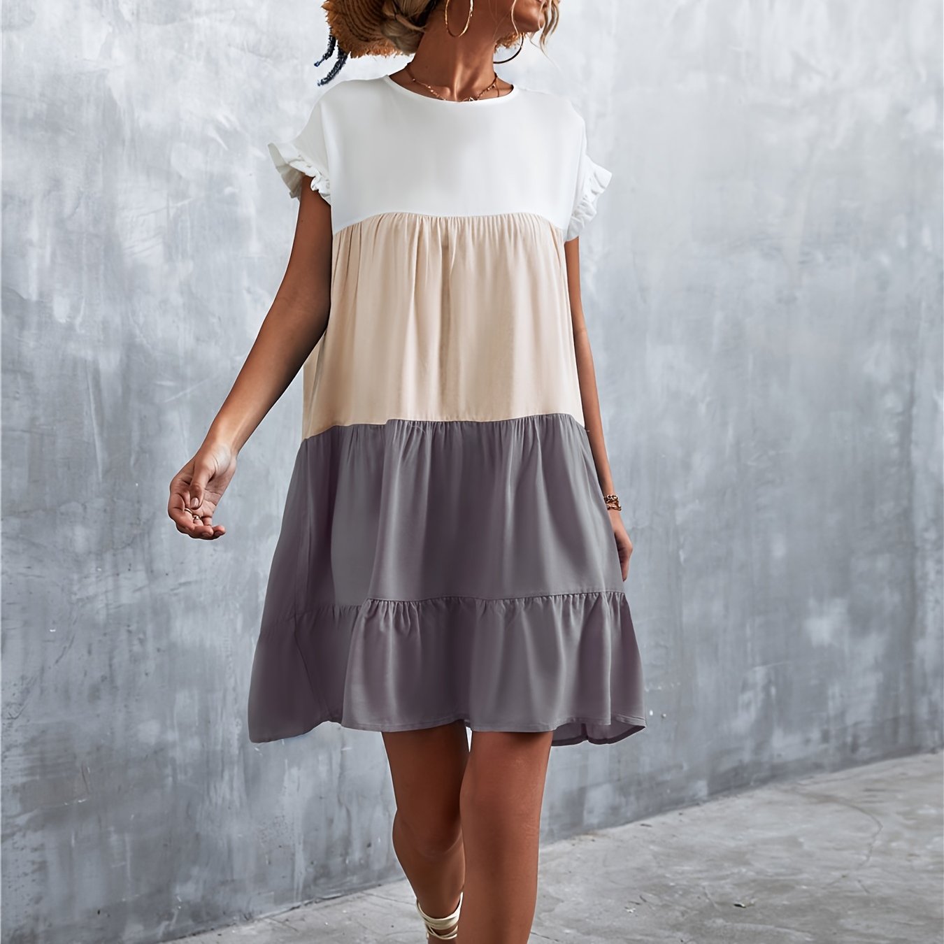 「lovevop」Women's Summer Dress Sleeveless Ruffle Sleeve Round Neck Mini Dress Color Block Loose Short Flowy Pleated Dress