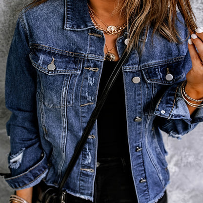 Lovevop-Flap Pockets Raw Hem Ripped Denim Jacket, Long Sleeve Distressed Casual Coats, Women's Denim & Clothing