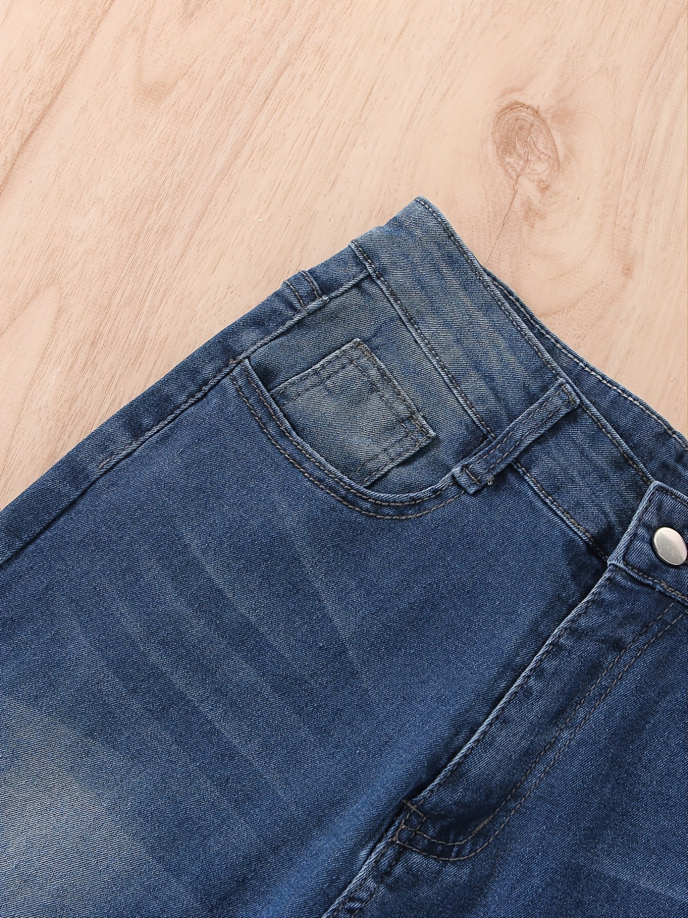 「lovevop」Solid Bell Bottom Jeans, Washed Blue Flare Leg Denim Pants, Women's Denim Trousers