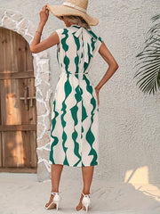 「lovevop」Abstract Print Tie Back Dress, Vacation Mock Neck Cap Sleeve Midi Dress, Women's Clothing