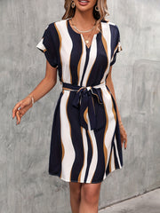 「lovevop」Color Block Tie Front Dress, Casual V Neck Short Sleeve Dress For Spring & Summer, Women's Clothing