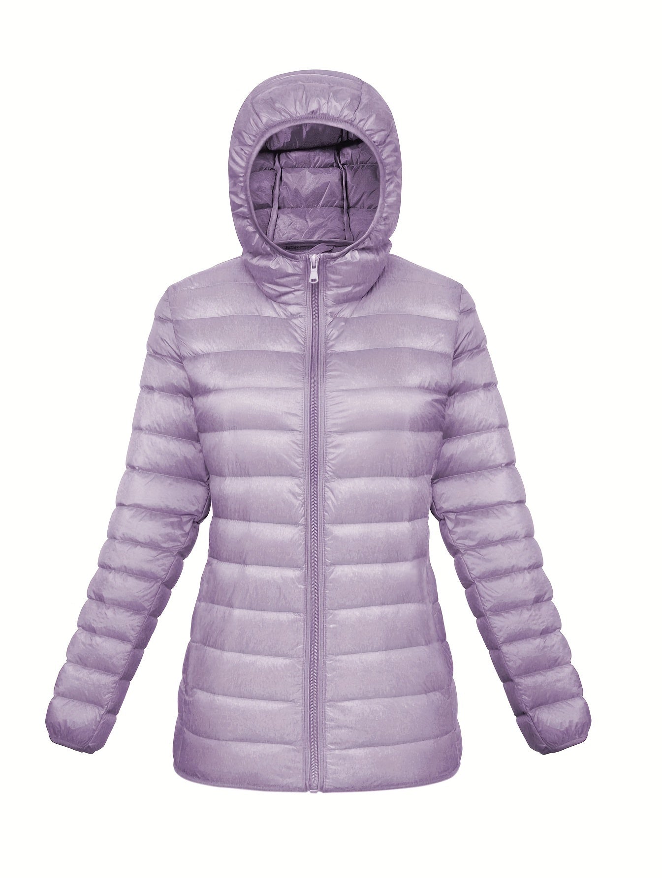Women's Casual Hooded Puffer Jacket - Long Sleeve, Winter Warmth, Nylon Outdoor Down Coat with Zip-Up Front