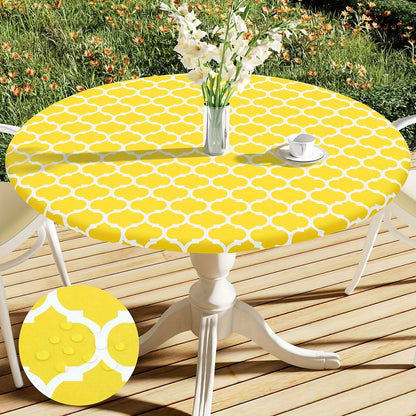 100% Vinyl Round Moroccan Tablecloth with Waterproof Oil-Proof Flannel Backing and Fitted Elasticized Edges for Outdoor, Indoor, Patio, Picnic, Camping Use