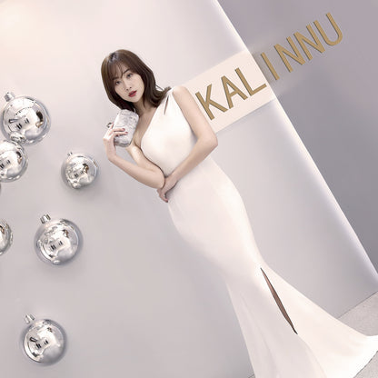 1012 #banquet evening dress long autumn and winter one-shoulder split slim-fitting fishtail dress hostess dress