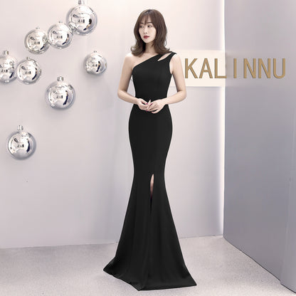 1012 #banquet evening dress long autumn and winter one-shoulder split slim-fitting fishtail dress hostess dress