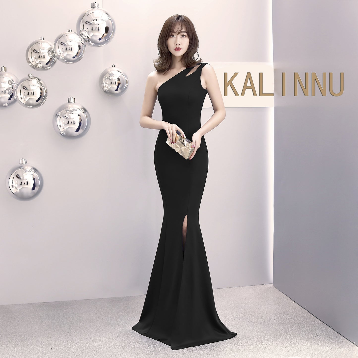 1012 #banquet evening dress long autumn and winter one-shoulder split slim-fitting fishtail dress hostess dress