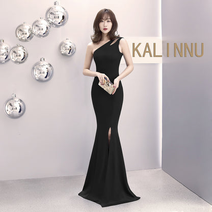 1012 #banquet evening dress long autumn and winter one-shoulder split slim-fitting fishtail dress hostess dress
