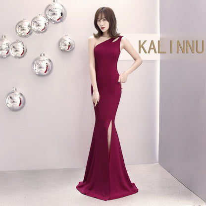 1012 #banquet evening dress long autumn and winter one-shoulder split slim-fitting fishtail dress hostess dress