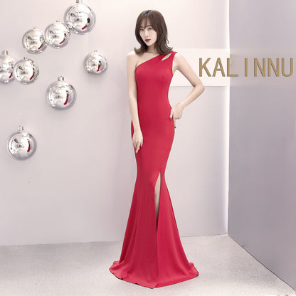 1012 #banquet evening dress long autumn and winter one-shoulder split slim-fitting fishtail dress hostess dress
