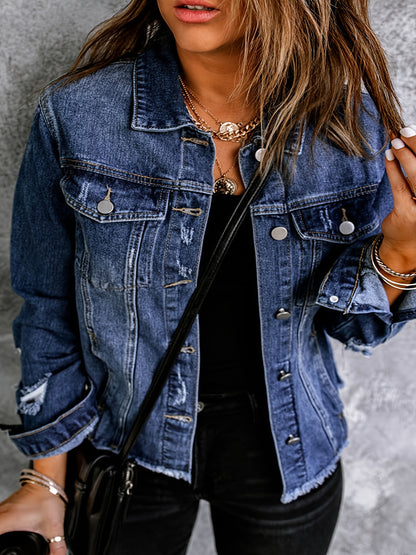 Lovevop-Flap Pockets Raw Hem Ripped Denim Jacket, Long Sleeve Distressed Casual Coats, Women's Denim & Clothing