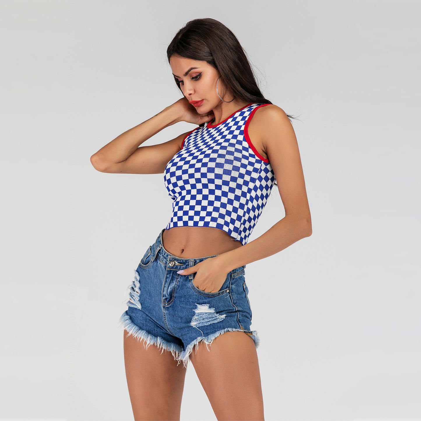 LOVEVOP 2025 New  short open-navel slim-fitting sleeveless vest checkerboard knitted bottoming tank top women